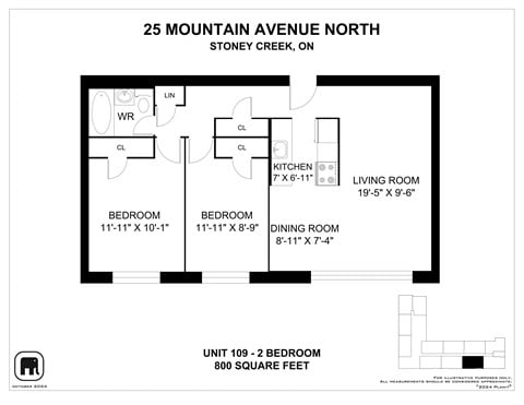 Floor plan for 2 beds, 1 bath, 800 sqft